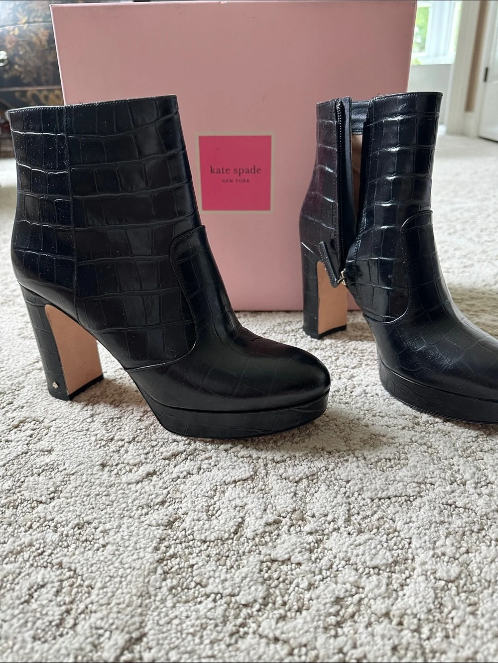 kate spade Black Croc-Embossed Platform Ankle Boots